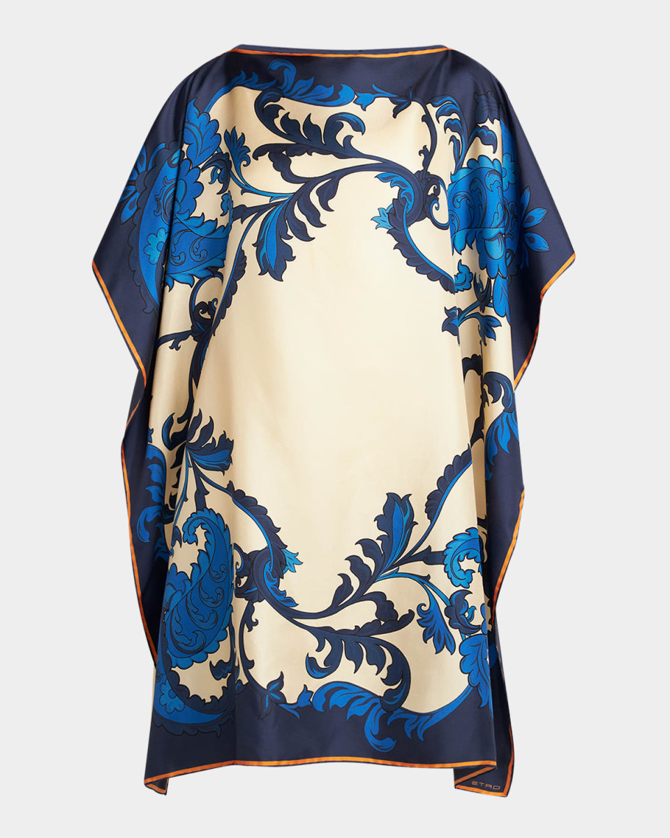 Leaf-Print Silk Poncho